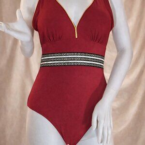 Metallic Gold Trimmed Red Swimsuit - Women's Medium - NWT